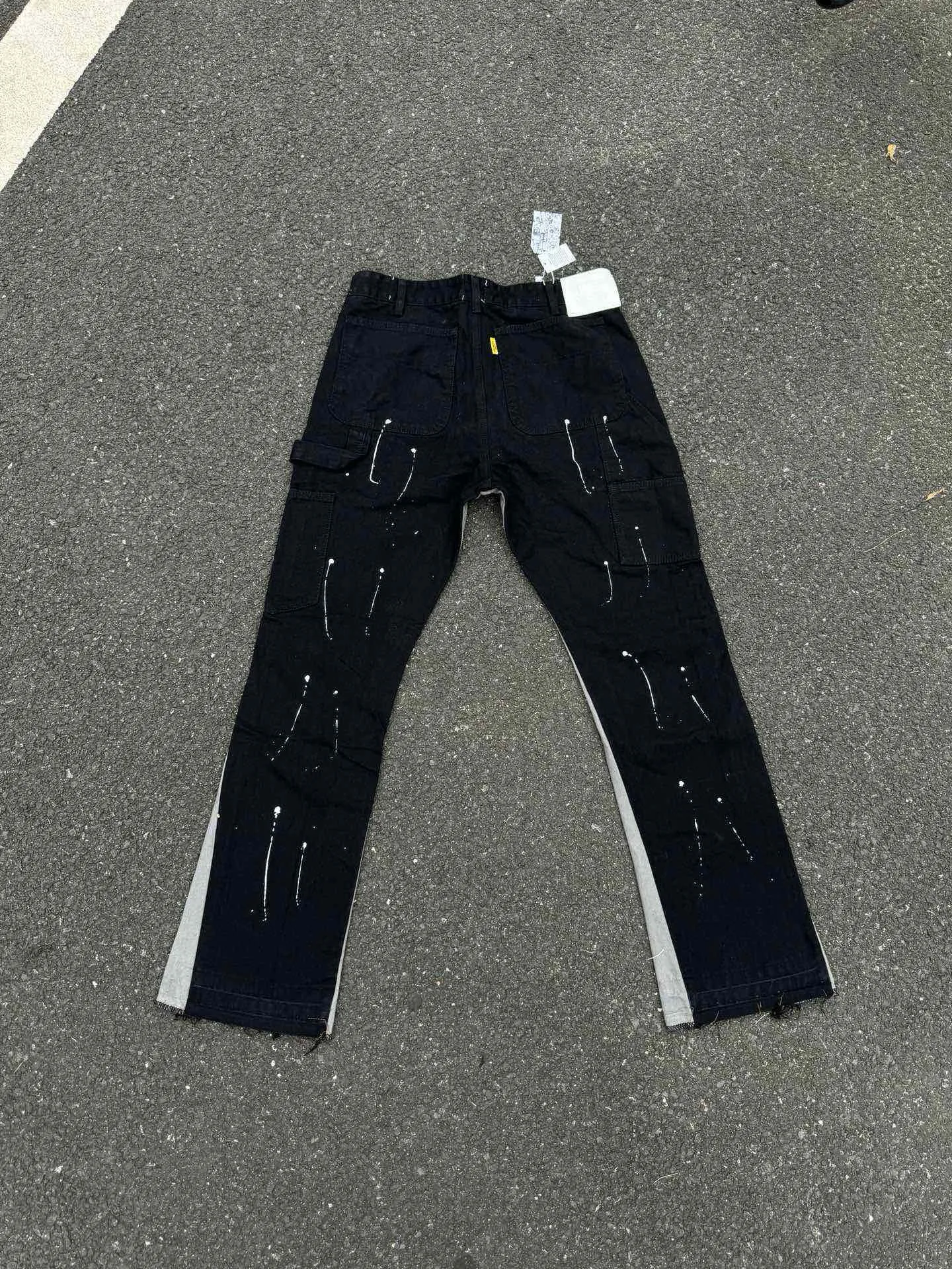 -Size upper body P220#G33 GALLERY DEPT. Spliced ​​washed retro jeans for men and women, high street splash-ink pants, micro-flared casual trousers, trendy couple, same style. Color: black. Size: S-XXL (corresponding to 28-36)